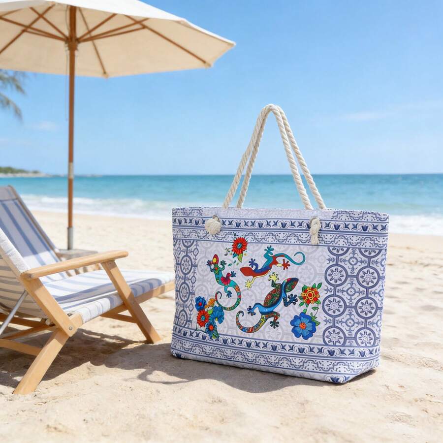 1 件紫色海龟印花大号帆布手提袋，波西米亚风紫色海龟帆布手提袋，适合海洋爱好者的夏季沙滩大号包，海龟印花大号帆布沙滩手提袋，夏季度假旅行包 - 藍白色 - 查看 1