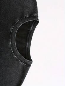 1PC IN MY MOMERA Camiseta de Algodón Estampada con Diseño Creativo de Cara Sonriente, Hombros Caídos, Estilo Retro Urbano, Básica, Holgada, Hip-Hop, para Hombre y Mujer, Camiseta de Manga Co - Negro - Ver 2