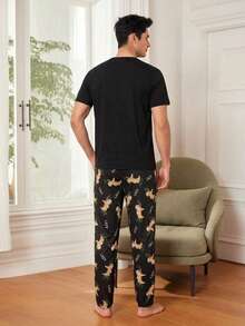 Men's Sloth Cartoon Print Pajama Set, Short Sleeve Top And Long Pants, Casual Homewear 2-Piece Set With Funny Letter Pattern - Black - View 2