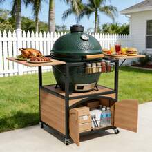 Metal Frame Grill Cart For XL Big Green Egg Accessories With 2 Wooden Folding Panels - Orange - View 1