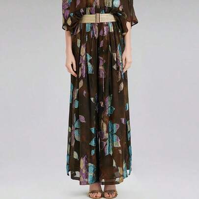Rich Radi Q's 女士梭织阔腿裤，提花花卉图案，休闲夏季服饰