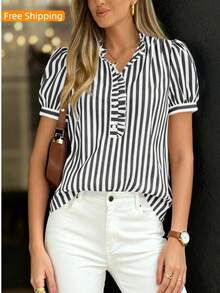 Puff Sleeve Striped Ruffle Blouse V Neck Button Front Summer Top Chic Casual Work Office Outfit For Women - Black - View 2
