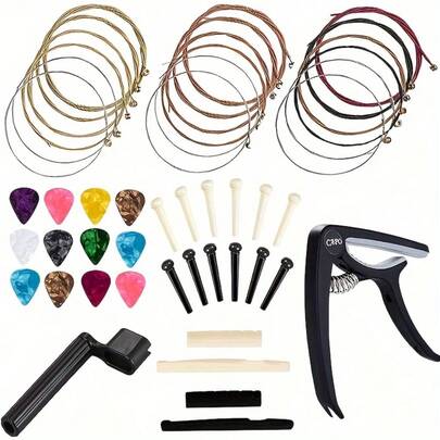 48pcs Acoustic Guitar Accessories Set, Including Guitar Strings, String Changing Tools, Picks, Capo, String Winder And String Pins, 3-In-1 String Changing Tool, Guitar Accessories, Musical Instrument Accessories, Guitar Gift, Durable Multipurpose Use, Suitable For Musicians Gift, Guitar Practice, Band, Choir, Performance, Beginner Music Practice, Music Room Supplies, Music Gift, Birthday Gift, Gift For Men And Women