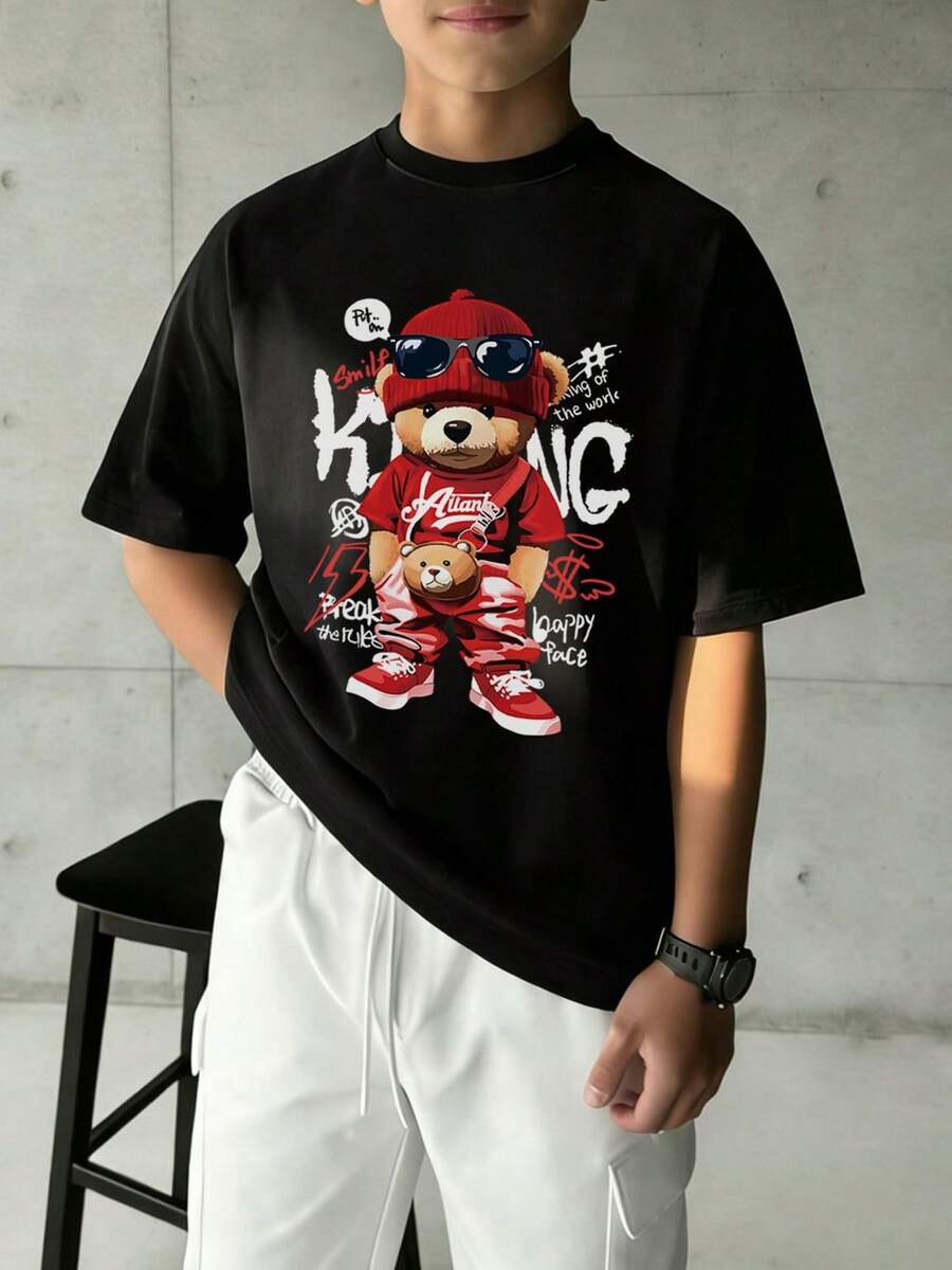 1 件 Tween Boys 熊印花短袖 T 恤,适合 Tween Boys 夏季上衣 - 黑色 - 查看 1