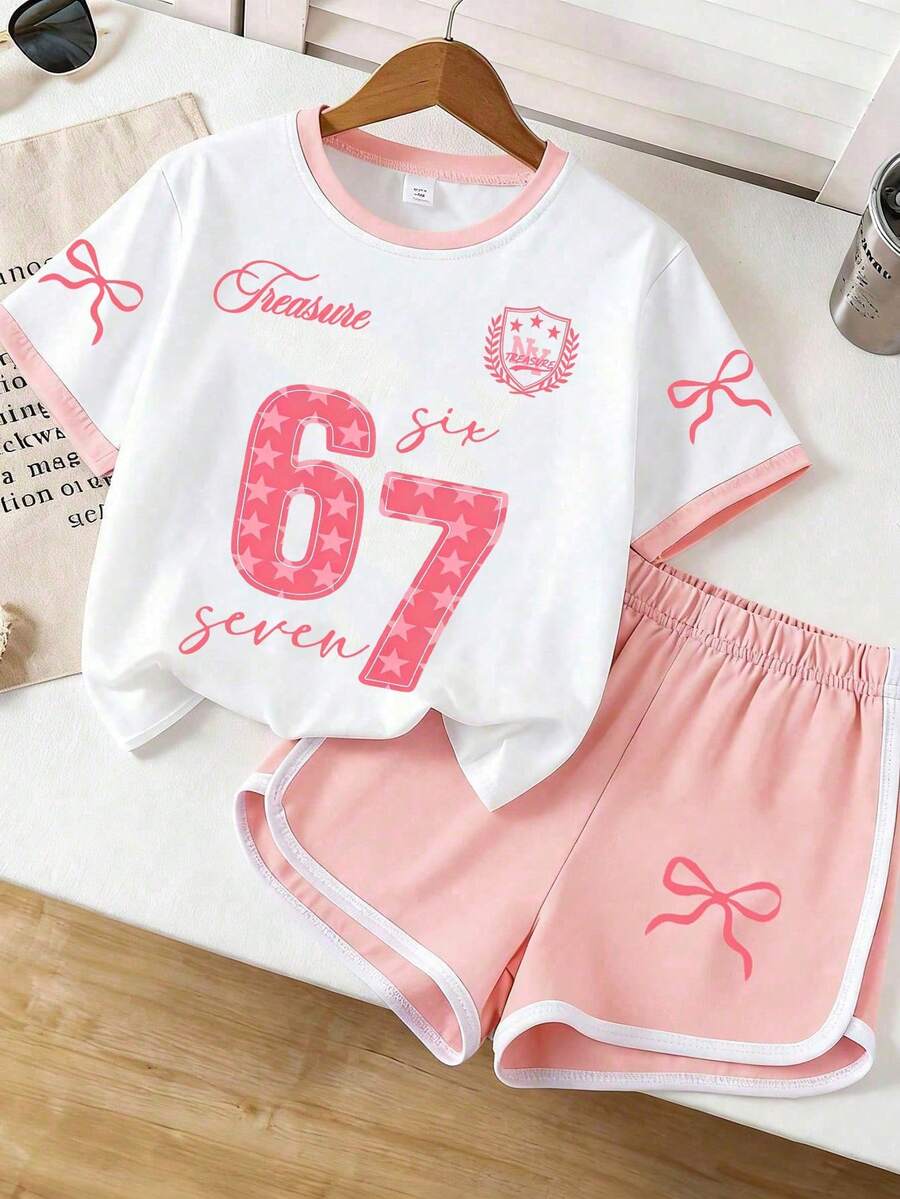 Bộ 2 món áo ngắn tay và quần short cho bé gái tuổi teen, màu trắng và hồng phối tương phản, in số "67" và nơ, thoải mái, thoáng khí, thời trang dễ thương, dáng rộng, đa năng. Thích hợp cho bé gái mặc hàng ngày, đi chơi, là trang phục mùa hè hoàn hảo. - Hồng - Xem 1