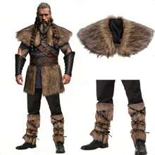 Bộ 1-3 món áo choàng chiến binh Viking dành cho nam, trang phục hóa trang Halloween mùa đông thời Trung cổ Phục hưng, tất lông giả và quần ấm, phong cách thời trang. - A - Xem 1