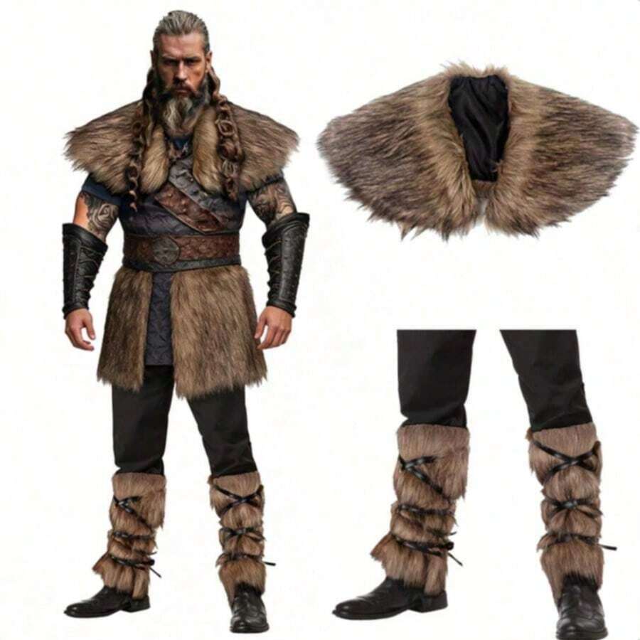 Bộ 1-3 món áo choàng chiến binh Viking dành cho nam, trang phục hóa trang Halloween mùa đông thời Trung cổ Phục hưng, tất lông giả và quần ấm, phong cách thời trang. - A - Xem 1