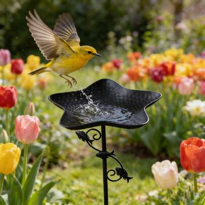 1个黑色星形鸟浴盆，户外花园地面插地式喂鸟器，春季庭院景观美化必备，创意鸟浴盆，送给妈妈的贴心礼物，观鸟爱好者的理想之选