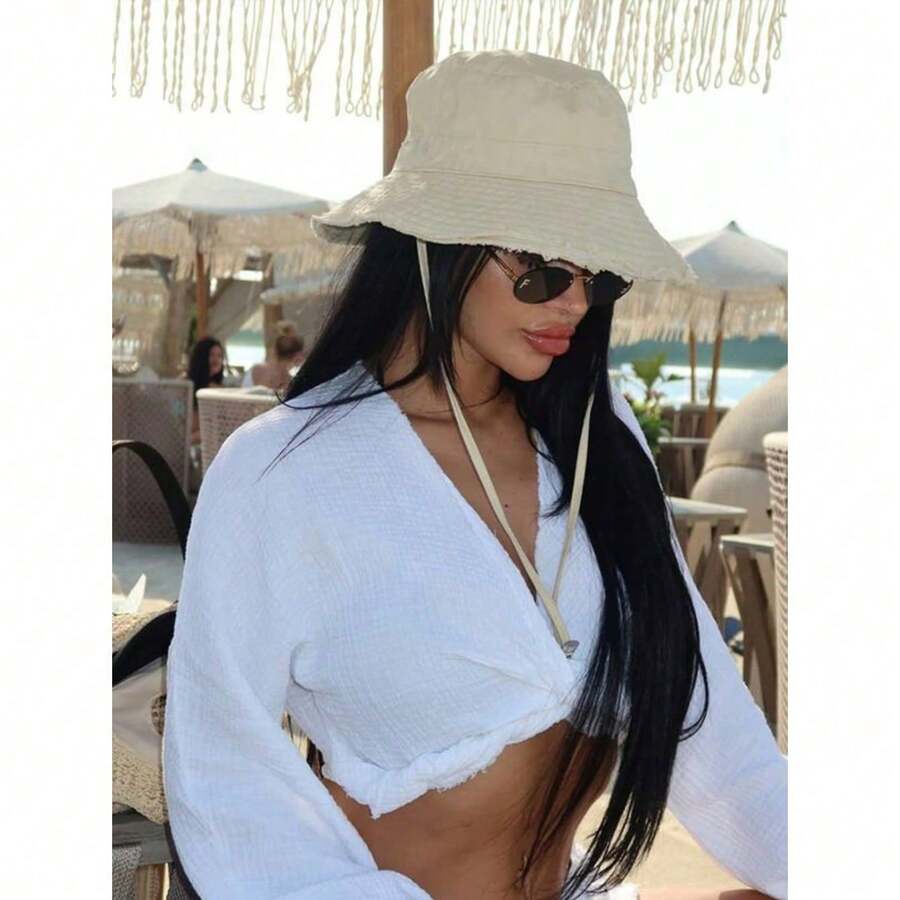 1pc Women's Drawstring Trim Bucket Hat, Adjustable Chin Strap Design, Distressed Finish, Soft Fabric, Sun Protection, Windproof, Fashionable, Suitable For Travel, Beach, Vacation, Casual Daily Use - 彩色 - 查看 1