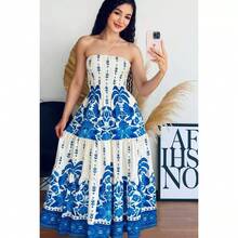 Long Strapless Dress With Print And Elasticated Crepe Fabric. Wrinkle-Free Fabric. - Blue - View 4