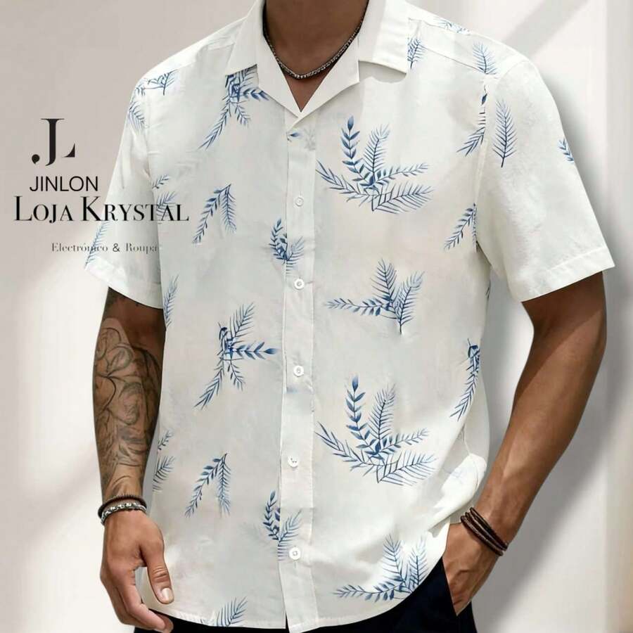 JL Men's Hawaiian Floral Beach Shirt, Short Sleeve, Button-Down, Spring And Summer - Floral 2-Azul - 查看 1