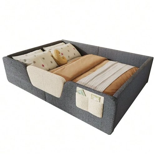 Upholstered Bed, 140 X 190 Cm, Without Mattress, Removable Side Rails, Integrated Fabric Storage Bag, Unique Velvet, Grey - Grey - View 1