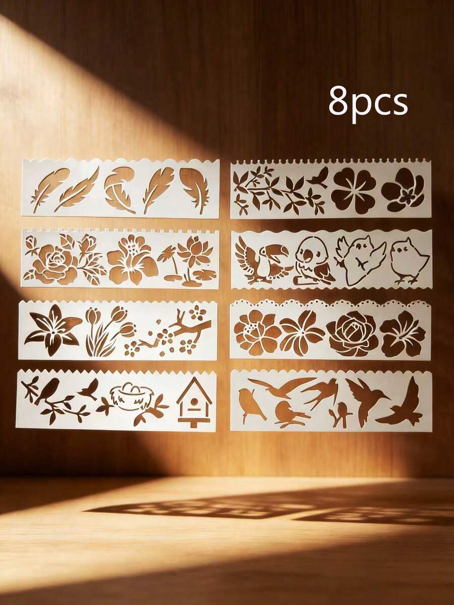 8pcs Flower & Bird Feather Painting Stencils, Spray Painting Graffiti DIY Masking Plates, Suitable For Gift Box, Scrapbooking, Canvas Art, Fabric Printing, Reusable Plastic Material