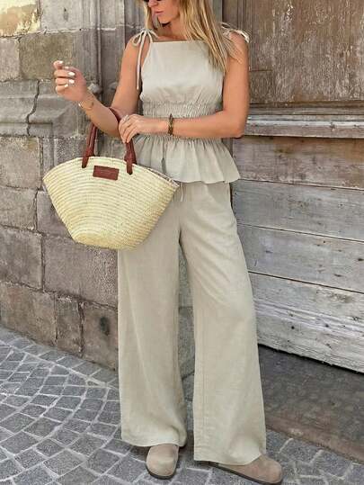 Vuslat Women's Summer Solid Color Elegant Cute Casual Knotted Ruffle Hem Outfit, Suitable For Daily Wear, Casual Styling, Commuting, Back To School Season, Street Photography, Outdoor, Vacation