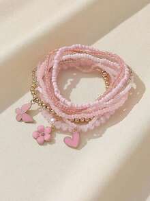 9pcs/Set Handmade Bohemian Style Beaded Bracelets Women Stretchy Charm Bracelet Y2K Beach Accessories, Dyeing Process May Cause Slight Color Variation - Hồng - Xem 5