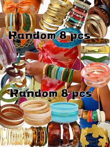 Random 16/12/8/4/1 Pcs Vintage Elegant Bohemian Summer Vacation Daily Geometric Asymmetrical Blue Green Pink Colorful Acrylic Resin Tie Dye Bangles Cuff Bracelets Set, Carved Textured Gold-Tone Wide Bangle Bracelet Jewelry Set, Y2K Cute Accessories Suitable For Women Daily, Beach, Party, Birthday, Gift - Multicolor - View 10