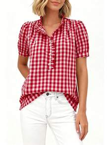 Puff Sleeve Striped Ruffle Blouse V Neck Button Front Summer Top Chic Casual Work Office Outfit For Women - 紅色格子 - 查看 5