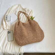 Fashion Straw Bag Large Capacity Beach Bag Summer Fashion Women's Bag Tote Shoulder Bag , Beach Bag , Summer - 卡其色 - 查看 8