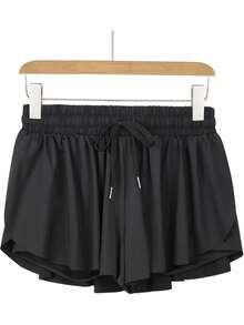 Workout Athletic Shorts For Womens 2 In 1 Double Layer Flowy Hem Running Shorts Biker Shorts Quick-Dry Drawstring High Waisted Gym Yoga Tennis Shorts Butterfly Skirt - Black - View 2
