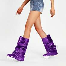Women's Platform Round Toe Mid Calf Boots With Chunky Heel - M-purple - View 9
