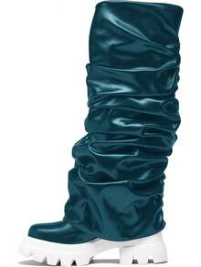 Women's Platform Round Toe Mid Calf Boots With Chunky Heel - Blue - View 3