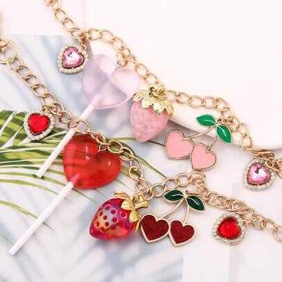 Pink Crystal Love Cherry Keychain Bag Pendant Hanging Chain Gold Handbag Extended Chain