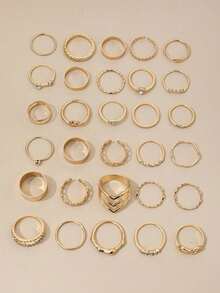 30pcs Luxury Wave Pattern Geometrically Shaped Ring With Inlaid Diamond, Suitable For Women's Daily Wear - 黃金2 - 查看 6