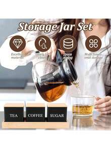 3件套黑白储物罐，咖啡豆、糖和茶叶收纳罐，耐用金属材质，日常厨房收纳，木质翻盖，可重复使用，现代厨房收纳方案，咖啡、茶叶、糖罐 - 彩色 - 查看 4