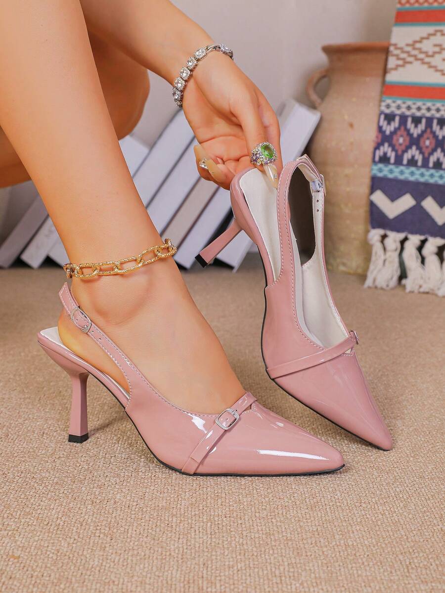 Sepatu Hak Tinggi Wanita, Hak Tipis, Ujung Lancip Elegan, Hak Kitten, Sandal dengan Bagian Belakang Elastis dan Ujung Tertutup
