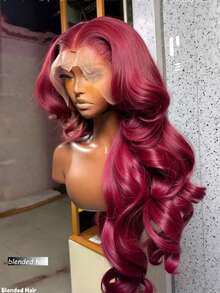 13x4 波浪卷蕾丝前假发，真人混纺发丝，预先拔毛，高清透明蕾丝前假发，带婴儿发，180% 密度，无胶巴西原生真人混纺发丝蕾丝前假发，女士款，99J 酒红色，22 英寸 - S99J/BUG - 查看 3