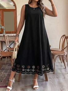 Women's Black Sleeveless Scoop Neck Midi Dress With Laser Cut Out Scallop Hem, A-Line Tank Sundress For Summer Casual Wear - Black - View 1