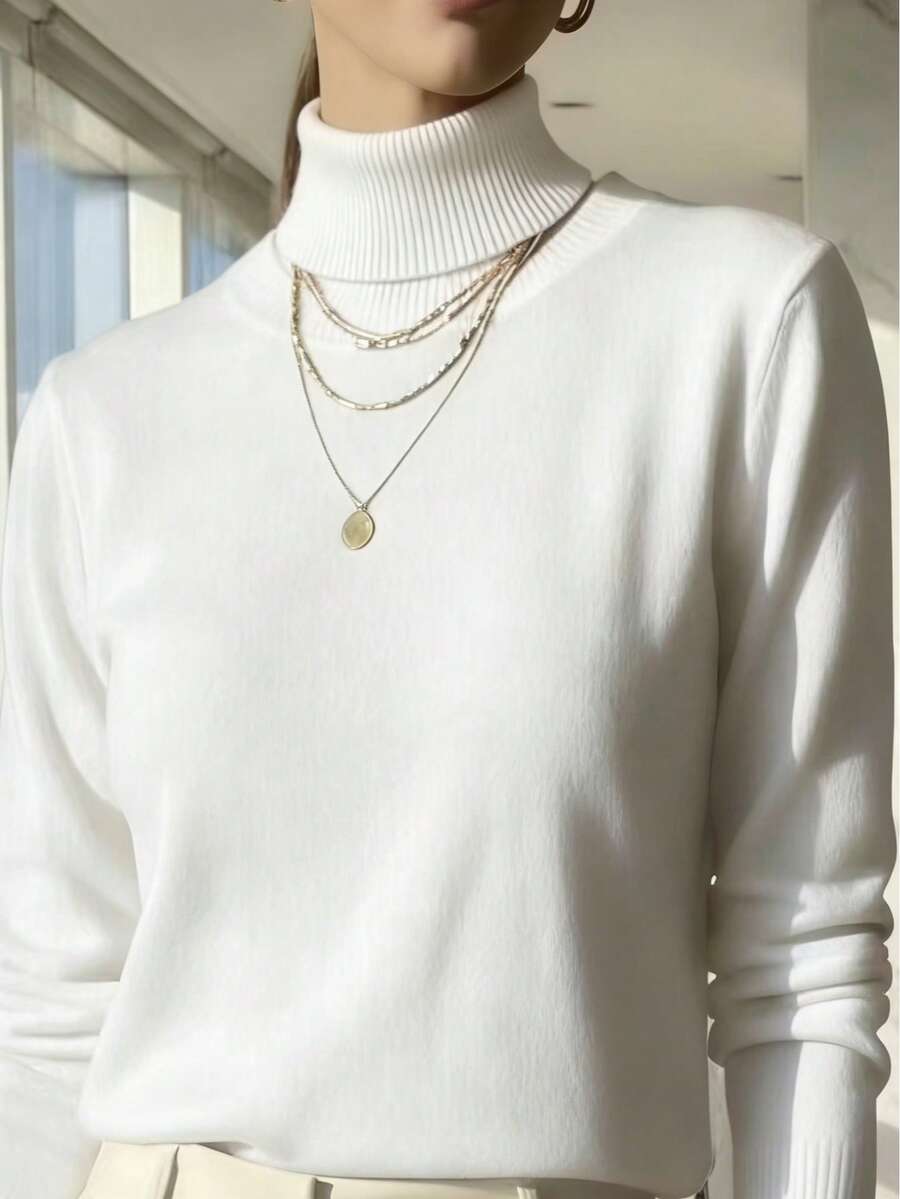 WOMEN'S LONG SLEEVE KNITTING BLOUSE WINTER BASIC HIGH NECK SWEATSHIRT - trắng - Xem 1