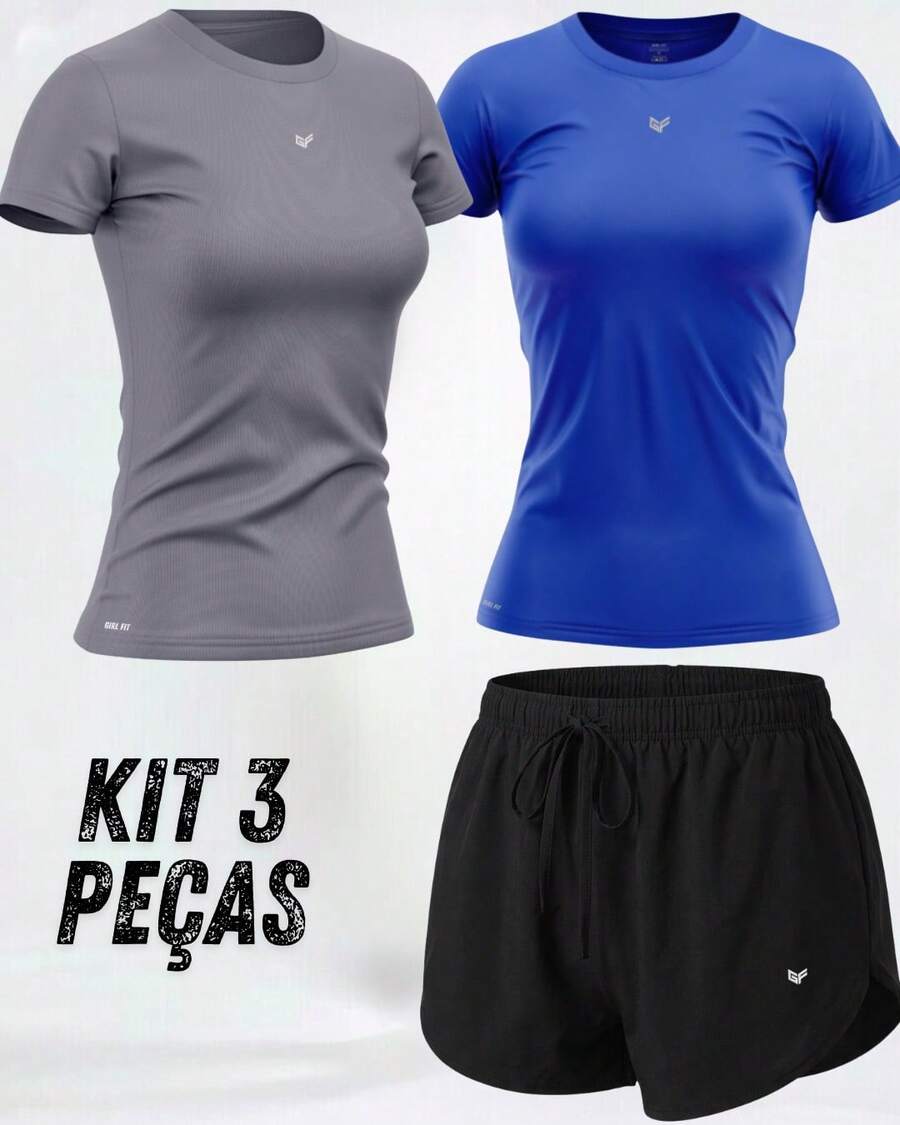Kit Academia Feminino 3 Peças: 2 Camisetas Dry Fit + Short Tactel Confortável - Conjunto Fitness Feminino 3 Peças com 2 Blusas DryFit + Short Leve