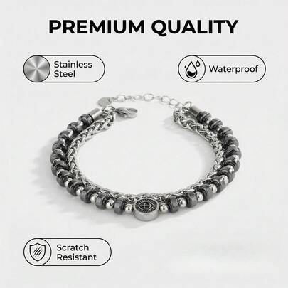 20厘米可调节指南针串珠手链，重型不锈钢双排航海方向盘手链，男士银色不锈钢双层链耐用不锈钢双层手链，适合送给朋友和爱人