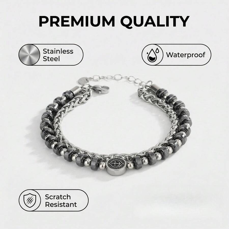 20厘米可调节指南针串珠手链，重型不锈钢双排航海方向盘手链，男士银色不锈钢双层链耐用不锈钢双层手链，适合送给朋友和爱人 - 銀色 - 查看 1