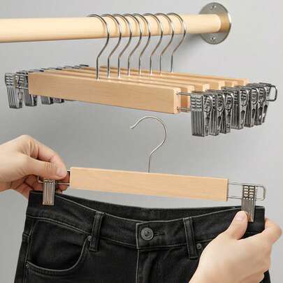 4/8pcs Wooden Clothes Hangers With Clips And 360° Swivel Hooks, Heavy Duty Garment Hangers For Pants Jeans Skirts Jackets Coats, Multifunctional Closet Storage Organizer Accessories For Home Bedroom Wardrobe