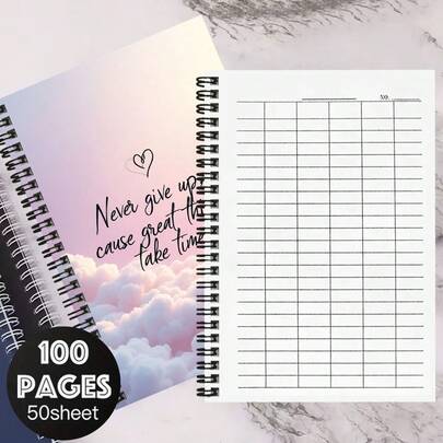 دفتر ملاحظات متعدد الأغراض بشبكة A5 ، الغلاف مطبوع عليه "لا تستسلم أبدًا لأن الأشياء العظيمة تستغرق وقتًا" اقتباس تحفيزي. مناسب للعمل والدراسة والحضور المدرسي والمالية والمحاسبة والإدارة المخزنية وملاحظات الاجتماعات التجارية وأكثر من ذلك. 100 صفحة عملية ومتينة.