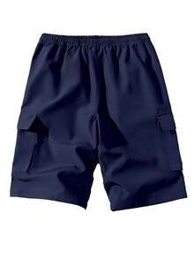 Pantalones cortos cargo de verano casuales para hombres de unicolor y de múltiples bolsillos - Azul Marino - Ver 3