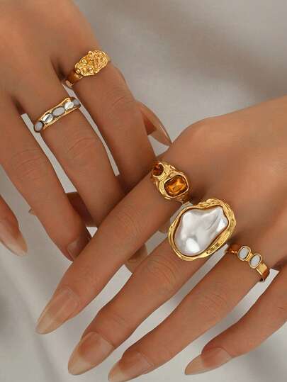 Bộ 5 chiếc nhẫn kim loại cổ điển sang trọng kiểu Baroque đính ngọc trai giả và đá quý, trang sức thanh lịch phù hợp cho phụ nữ đeo hàng ngày, trang trí, hẹn hò, họp mặt và tiệc tùng.