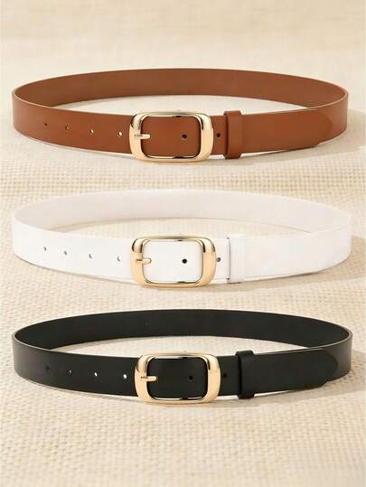3pcs/1pc Women's Square Buckle PU Leather Belt, Minimalist, Classic, Elegant, Versatile, Fashionable Casual, Slimming, Suitable For Dresses And Jeans, Ideal For Daily Commute, Office Wear And All-Season Outfits