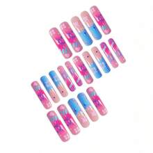 Long, Curved Nail Tips In A Sweet And Cool Blue Color Scheme With Cute Flowers-A Simple And Stylish Wearable Nail Extension, Perfect As A Gift For Parties. - Thế chiến thứ 26 - Xem 3