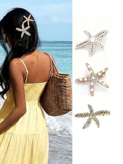 Bộ 3 kẹp tóc hình sao biển trang trí ngọc trai giả cổ điển, phụ kiện búi tóc thời trang, phù hợp cho nữ giới sử dụng hàng ngày, phụ kiện đội đầu, phụ kiện tóc cho nữ, kẹp càng cua, ghim cài tóc.