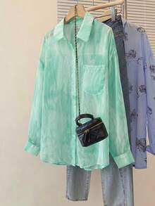 YUXIN 女士春夏甜美扎染防晒衬衫，翻领长袖，日常外出/度假，宽松透气轻便衬衫式上衣 - 薄荷綠 - 查看 5