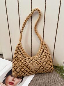 Summer Cotton Rope Woven Bag, Travel Beach Tote Basket Handbag For Women - Coffee - View 7