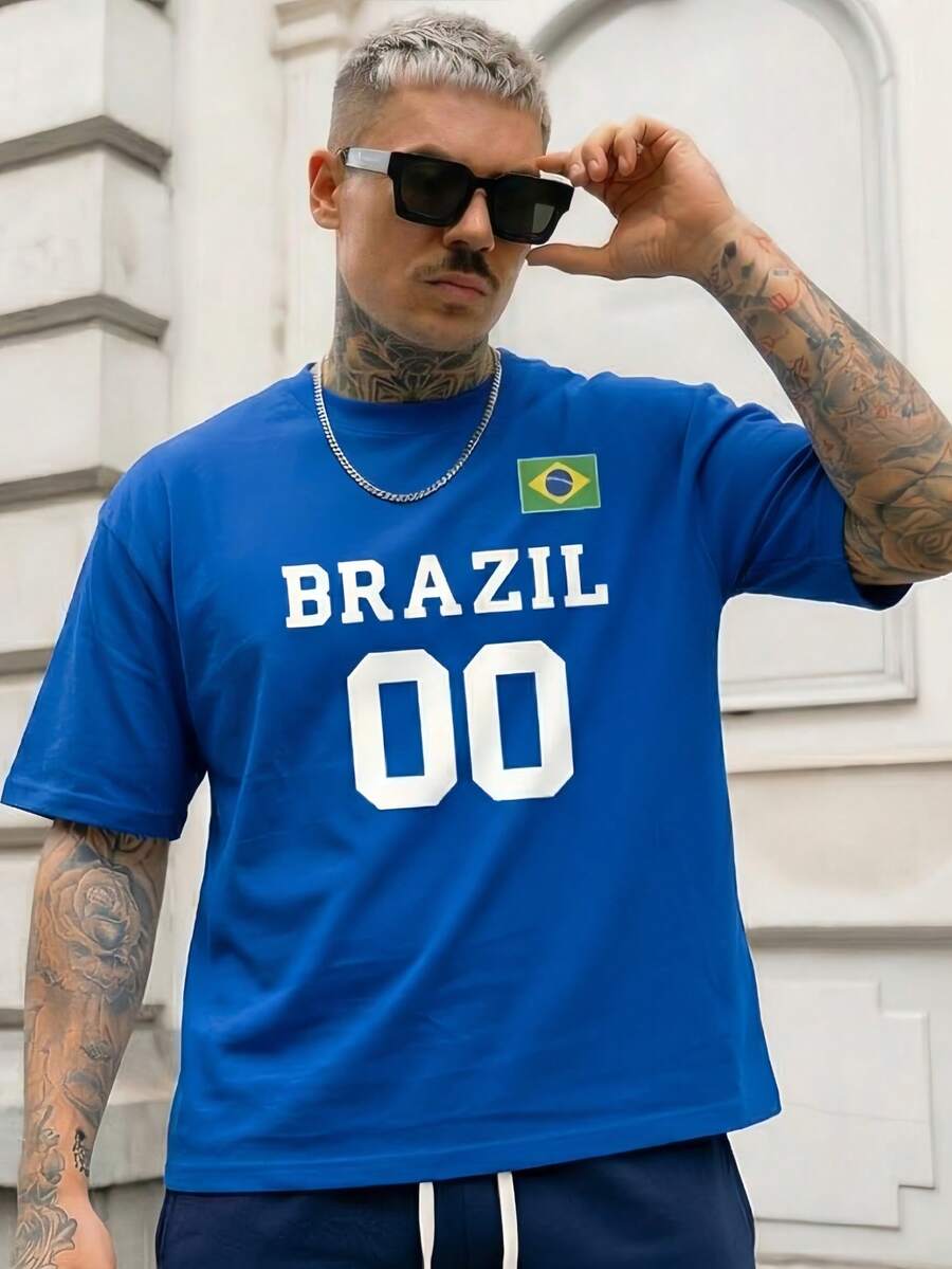 男士巴西00号字母标语双面印花T恤，休闲街头风足球迷T恤，蓝色 - 藍色 - 查看 1