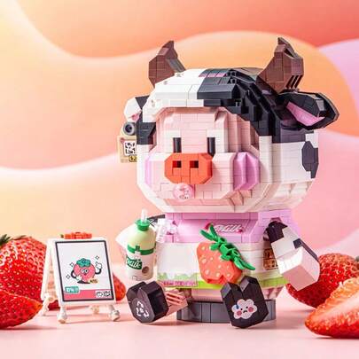 Cute Animal Model Mini Building Blocks, DIY Pasta Jar Piglet, Strawberry Calf, Puzzle Assembly, Home Decor, Stress Relief, Suitable For Gifts, Birthday, Halloween/Thanksgiving/Christmas