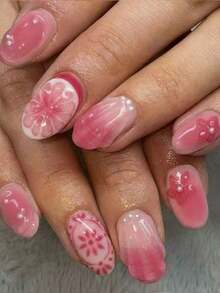 24片椭圆形花朵美甲贴纸，带珍珠装饰，适用于亚克力指甲，包含1支凝胶胶水和1个指甲锉，适合女士日常、节日派对的短款法式美甲 - 彩色 - 查看 2