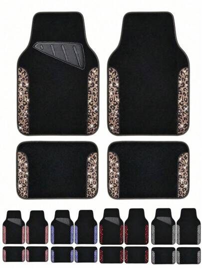 4pcs/2pcs Set Leopard Print Rhinestone Car Floor Mats, Sparkling Crystal Non-Slip PVC Carpet Mats, Waterproof Universal For SUV Sedan Van, Cute For Girls/Ladies