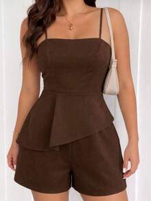 Beira Fashion Women's Set: Shorts With Suspenders And Asymmetrical Ruffled Details For Summer Vacations At High Altitudes. Casual. - 咖啡棕 - 查看 1