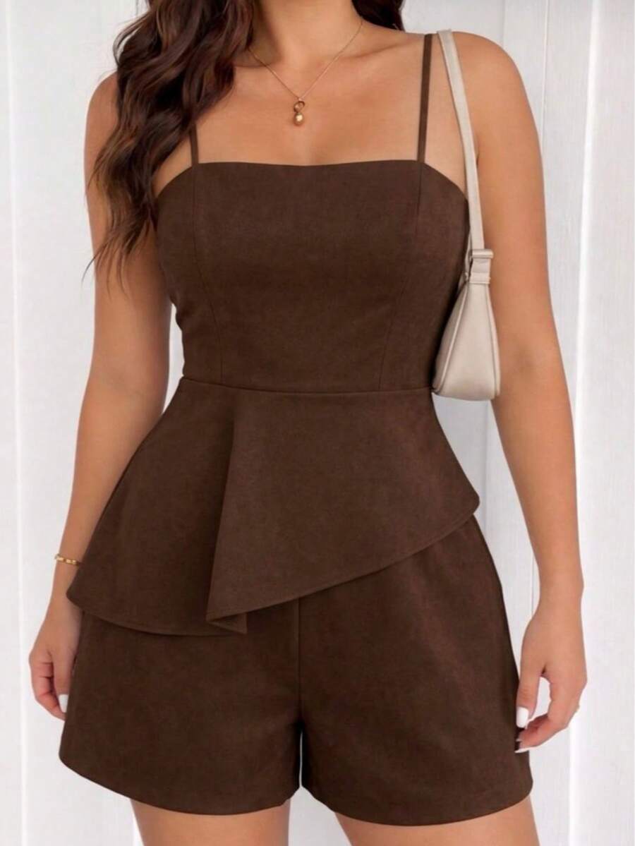 Beira Fashion Women's Set: Shorts With Suspenders And Asymmetrical Ruffled Details For Summer Vacations At High Altitudes. Casual. - 咖啡棕 - 查看 1